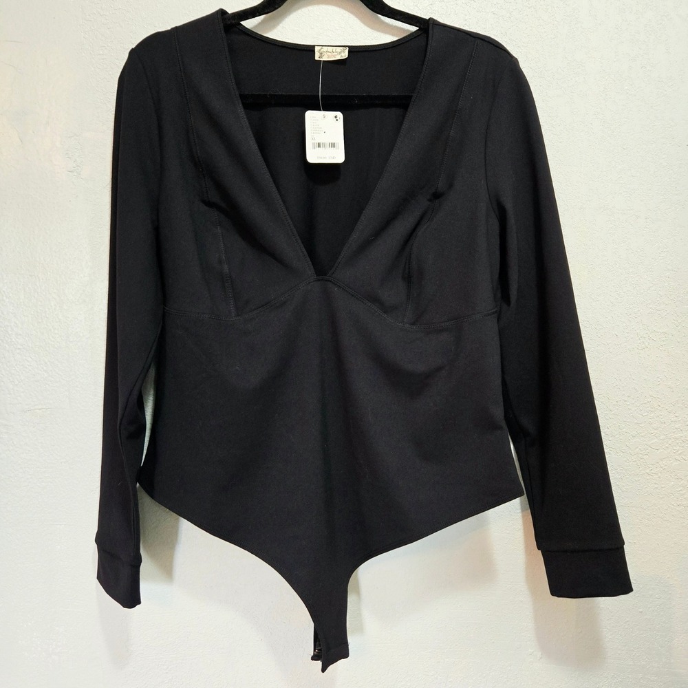 Free People Intimately Deep V Neck Long Sleeve Bodysuit Black Chic Modern XL